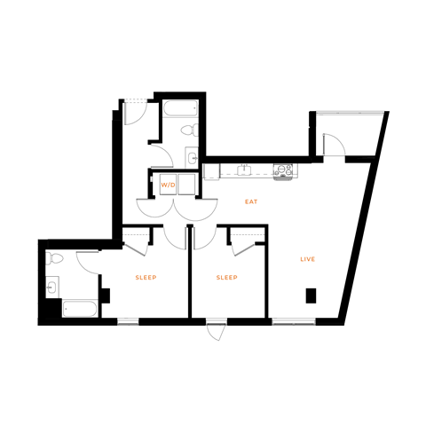 Floor plan for 2 beds, 2 baths, 875 sqft